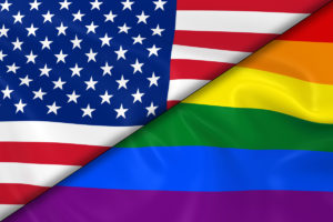 Flags of Gay Pride and the US Divided Diagonally - 3D Render of the Gay Pride Rainbow Flag and the United States of America Flag with Silky Texture